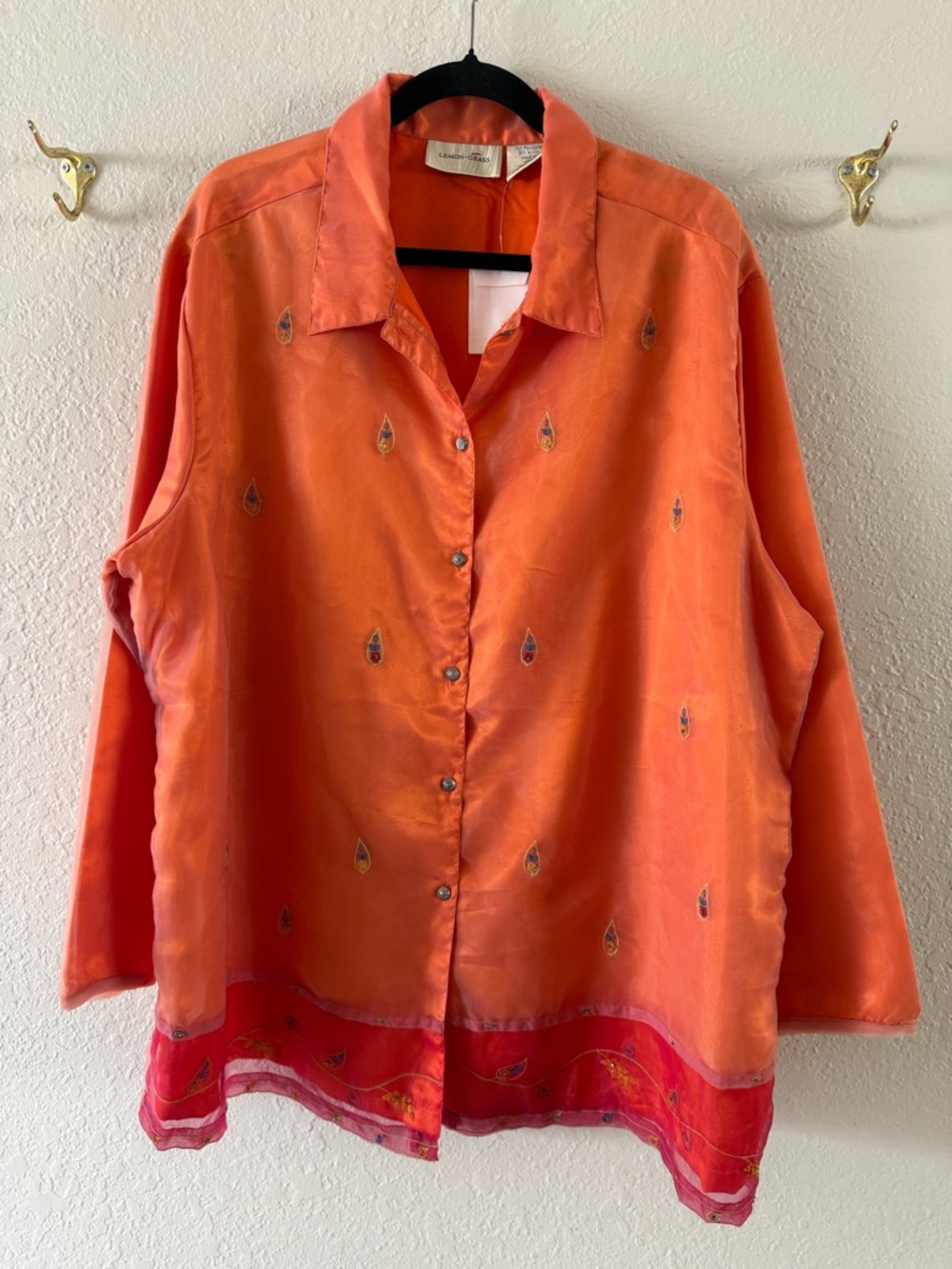 NWT Lemon Grass Long Sleeve Embroidered Button Blouse Orange 22W Sheer Overlay
